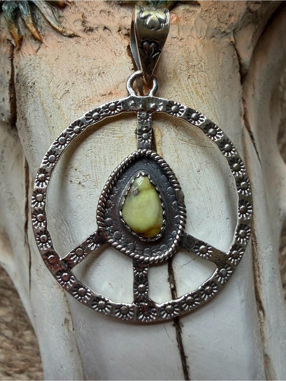 Sterling Silver Peace Sign Pendant with Palomino Turquoise Stone